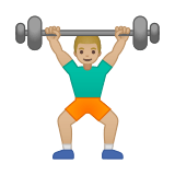 Man Lifting Weights Emoji with Medium-Light Skin Tone, Google style