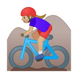 Woman Mountain Biking Emoji with Medium-Light Skin Tone, Google style