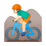 Man Mountain Biking Emoji with Light Skin Tone, Google style