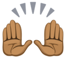 Raising Hands Emoji with Medium-Dark Skin Tone, Facebook style