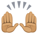 Raising Hands Emoji with Medium Skin Tone, Facebook style