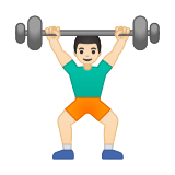 Man Lifting Weights Emoji with Light Skin Tone, Google style