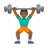 Man Lifting Weights Emoji with Medium-Dark Skin Tone, Google style