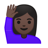 Person Raising Hand Emoji with Dark Skin Tone, Google style