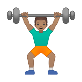 Man Lifting Weights Emoji with Medium Skin Tone, Google style