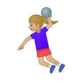 Woman Playing Handball Emoji with Medium-Light Skin Tone, Google style