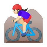 Woman Mountain Biking Emoji with Light Skin Tone, Google style