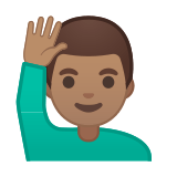 Man Raising Hand Emoji with Medium Skin Tone, Google style
