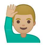 Man Raising Hand Emoji with Medium-Light Skin Tone, Google style