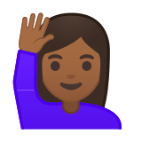 Woman Raising Hand Emoji with Medium-Dark Skin Tone, Google style
