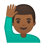 Man Raising Hand Emoji with Medium-Dark Skin Tone, Google style