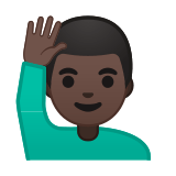 Man Raising Hand Emoji with Dark Skin Tone, Google style